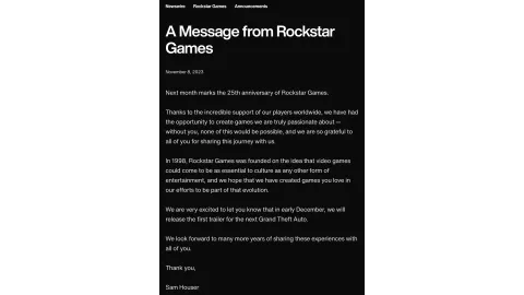 A Message From Rockstar Games - GTA VI Trailer Announcement