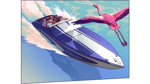 GTA 6 Cover Art Speedboat Flamingo