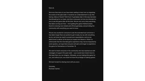 Rockstar Games Official Statement On GTA 6 Leaks August 26 2026