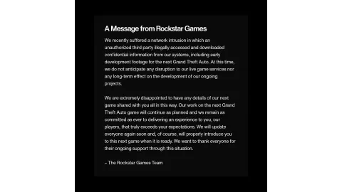 Rockstar GTA VI Leak Official Statement