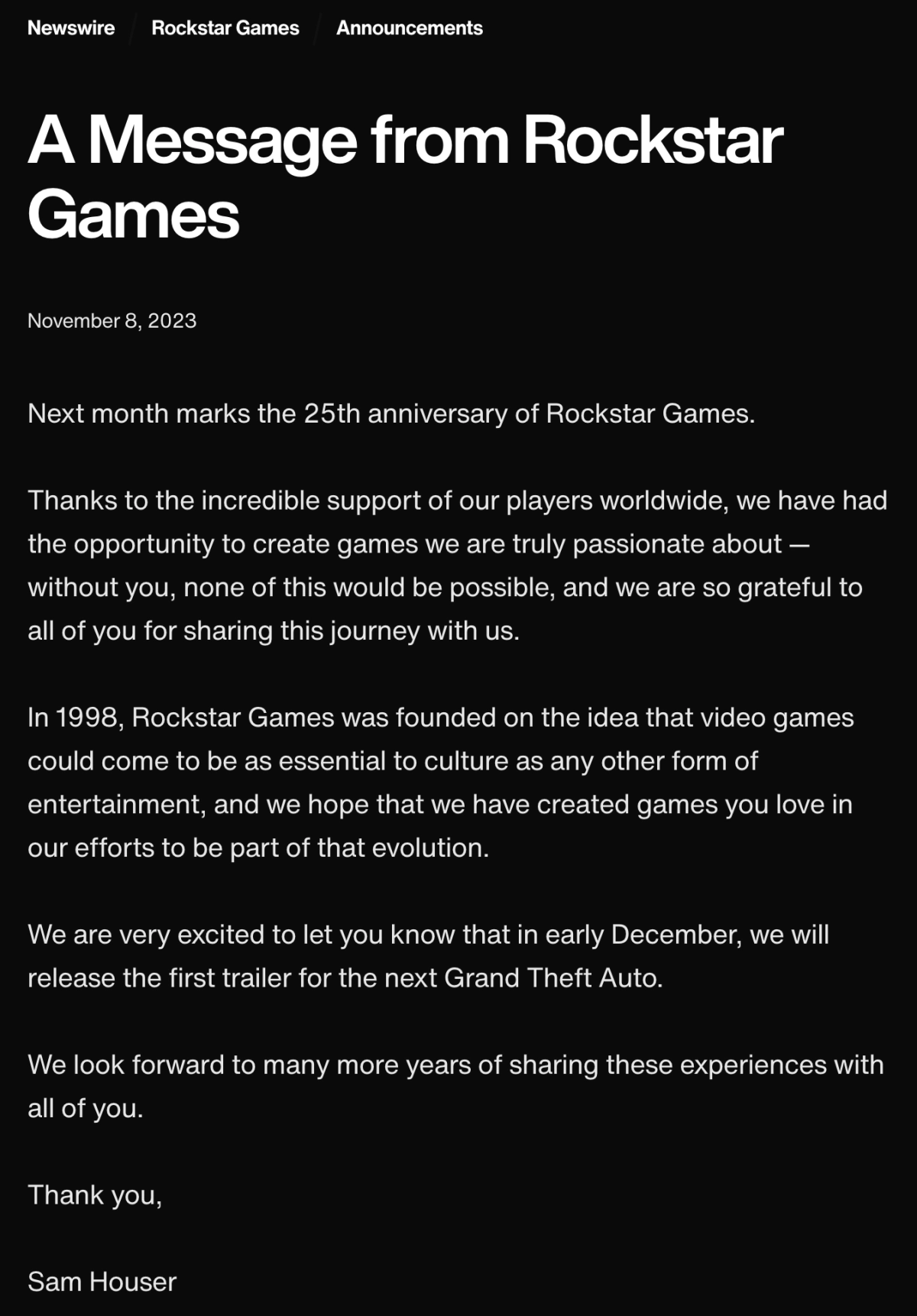 A Message From Rockstar Games - GTA VI Trailer Announcement
