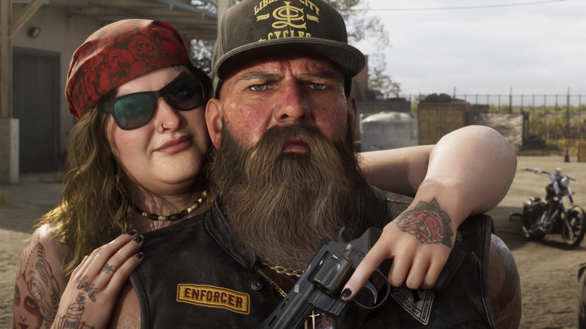 A woman hugging a man from behind in Ambrosia, draping her arm in front of him displaying the handgun she's holding. A woman hugging a man from behind in Ambrosia, draping her arm in front of him displaying the handgun she's holding.