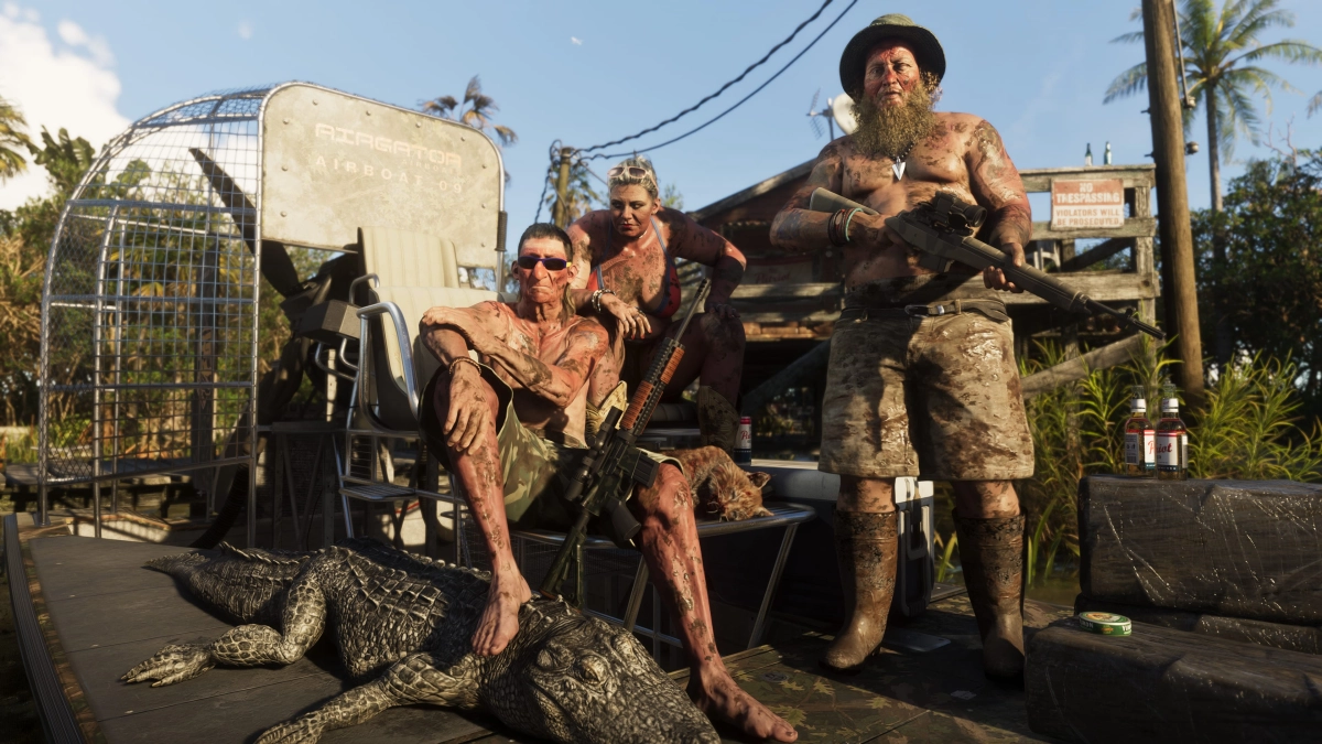 Three people covered in mud pose on an airboat in the Grassrivers with a dead alligator and wildcat. One has an automatic weapon leaning against his leg, another is holding a rifle. Three people covered in mud pose on an airboat in the Grassrivers with a dead alligator and wildcat. One has an automatic weapon leaning against his leg, another is holding a rifle.