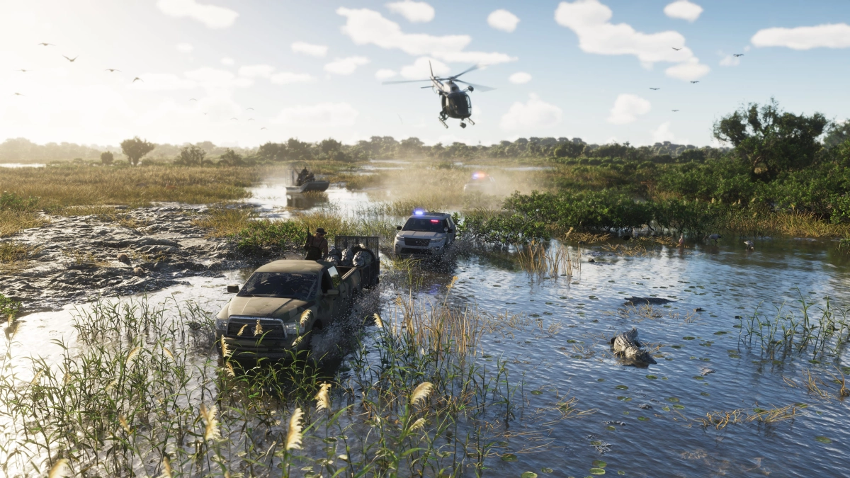 A helicopter and two police cars chase a pick-up truck through a swamp with alligators in the Grassrivers. An airboat is seen in the background. A helicopter and two police cars chase a pick-up truck through a swamp with alligators in the Grassrivers. An airboat is seen in the background.