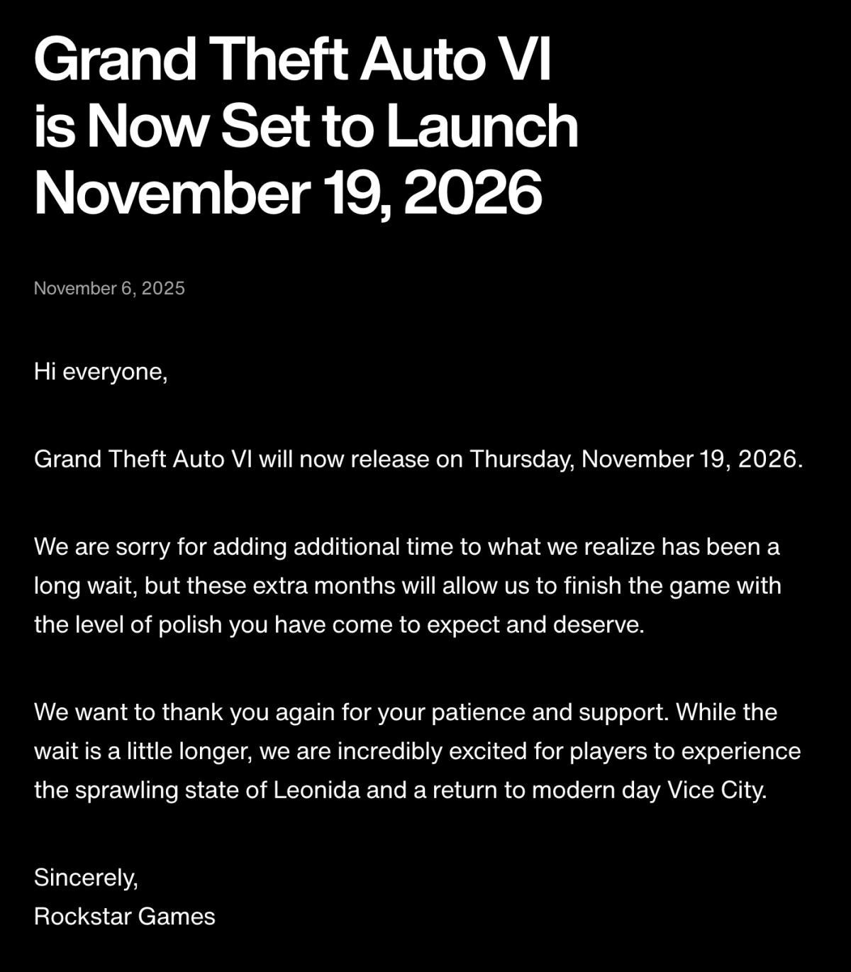GTA VI Delayed Again To November 19, 2026 - Rockstar Statement