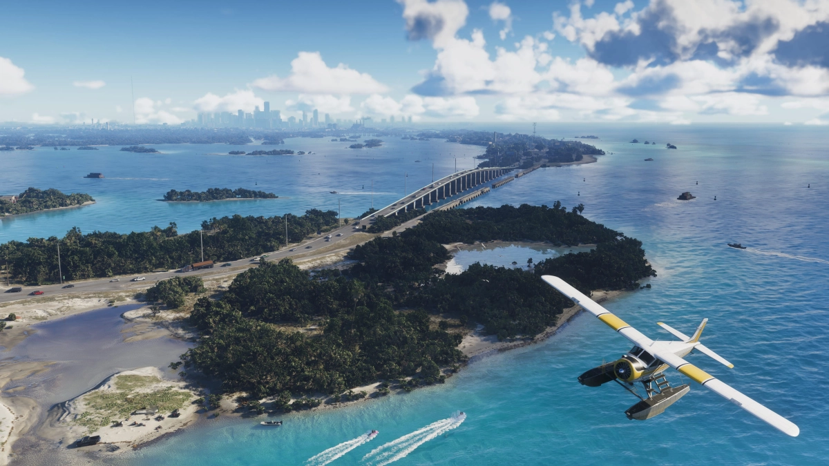 A seaplane flying over water in the Leonida Keys. In the background a bridge with cars connects two islands. A seaplane flying over water in the Leonida Keys. In the background a bridge with cars connects two islands.