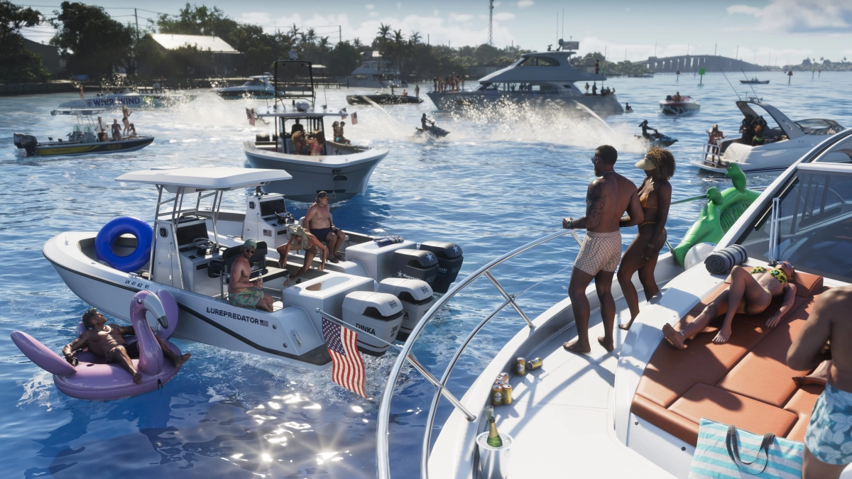 A gathering of people partying and drinking on boats in the water in the Leonida Keys. A man lays on a flamingo floaty. People jet ski in the background. Others are seen laying out and tanning on boats. A gathering of people partying and drinking on boats in the water in the Leonida Keys. A man lays on a flamingo floaty. People jet ski in the background. Others are seen laying out and tanning on boats.
