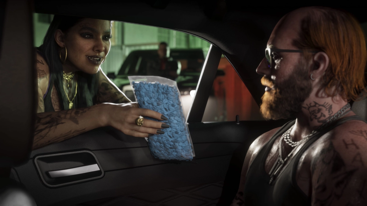 A woman in Port Gellhorn leaning into the open window of a car handing a package to a man sitting in the back seat. A woman in Port Gellhorn leaning into the open window of a car handing a package to a man sitting in the back seat.