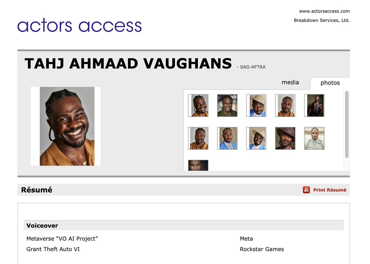 Possible GTA 6 Acting Credit Tahj Ahmaad Vaughans