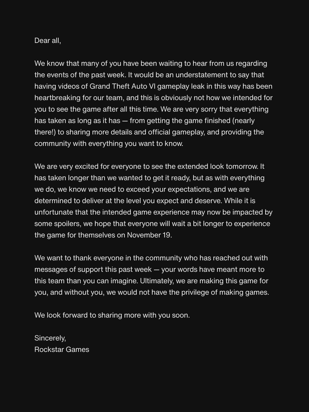 Rockstar Games Official Statement On GTA 6 Leaks August 26 2026