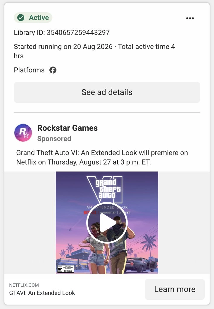 Rockstar Meta GTA VI Extended Look Ad Facebook