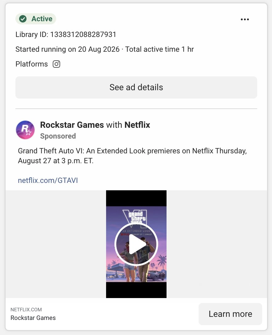 Rockstar Meta GTA VI Extended Look Ad Instagram
