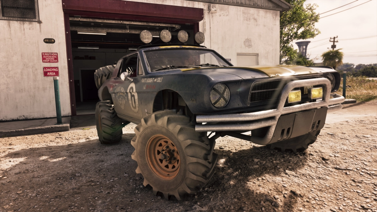 The '67 Vapid Dominator Buggy pulling out of the Paradise Garage.