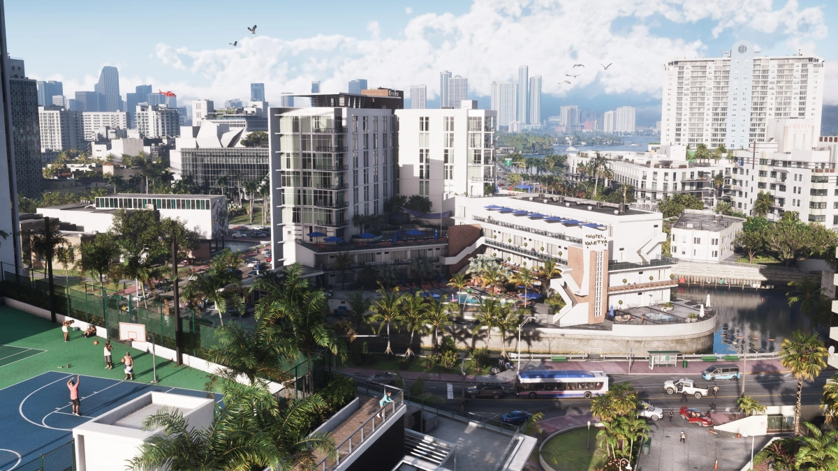 A view of Vice City with roads, palm trees, a basketball court, and more buildings in the background. A view of Vice City with roads, palm trees, a basketball court, and more buildings in the background.