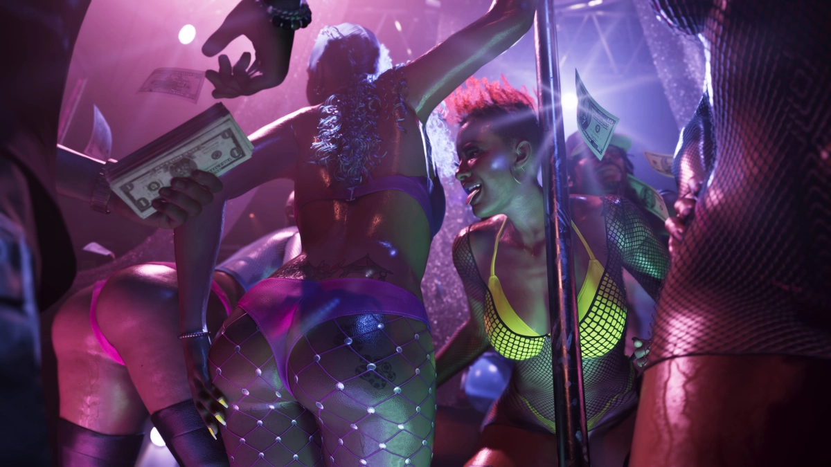 A club in Vice City with multiple dancers around a pole as dollar bills float in the air. A club in Vice City with multiple dancers around a pole as dollar bills float in the air.