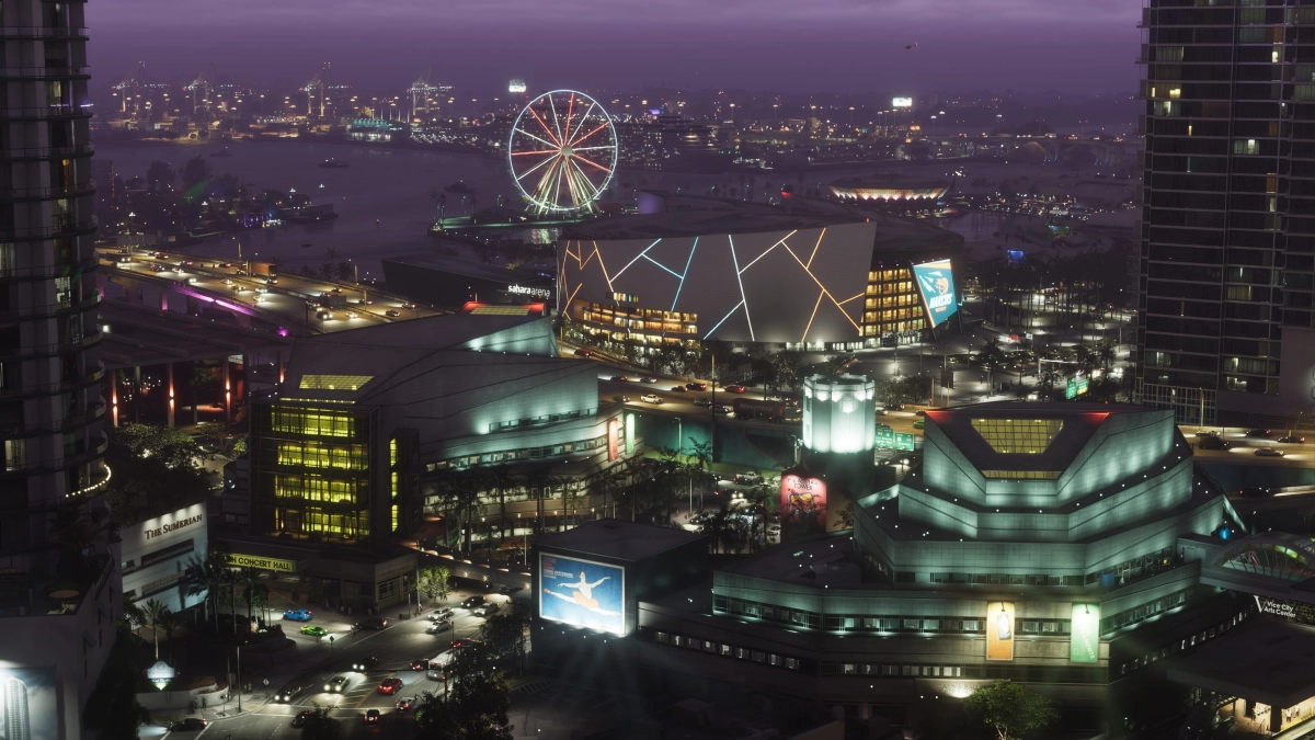 A Vice City skyline at night featuring a ferris wheel, cars driving, and tall buildings. A Vice City skyline at night featuring a ferris wheel, cars driving, and tall buildings.