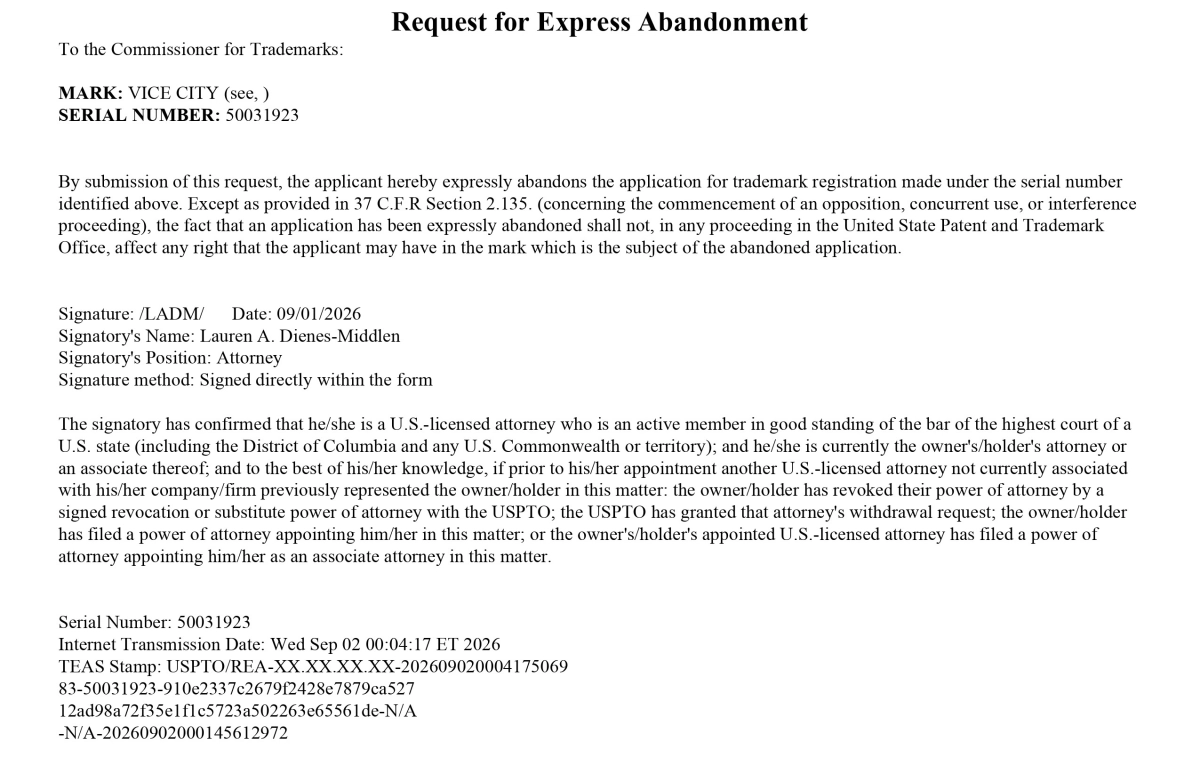 WWE VICE CITY Trademark - Request for Express Abandonment