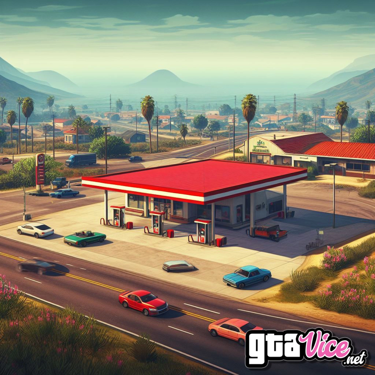 Busy Red Gas Station Concept Art (AI Generated By Psy)