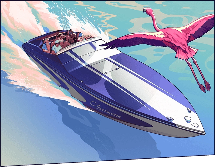 GTA 6 Cover Art Speedboat Flamingo