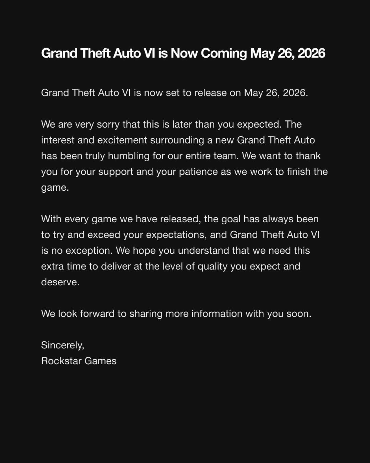Rockstar Games Statement GTA VI Delay May 26 2026