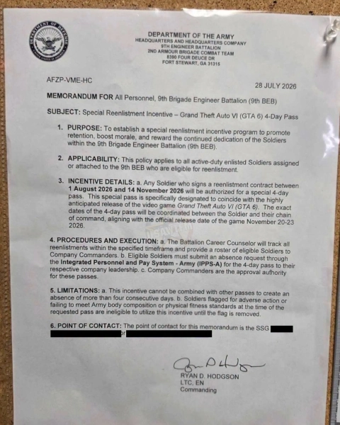 Reenlisting US Army Troops May Get a 4-Day Pass to Play GTA 6!