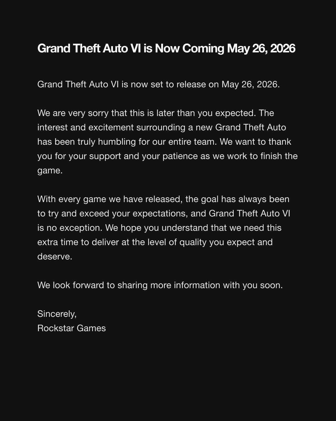 GTA VI Launch Timeline GTAVice Net Rockstar Games Gta Vi Delay May 26 2026 