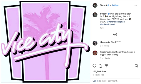 Rapper 50 Cent Posts Vice City Logo in a Teaser For His Upcoming Business Ventures
