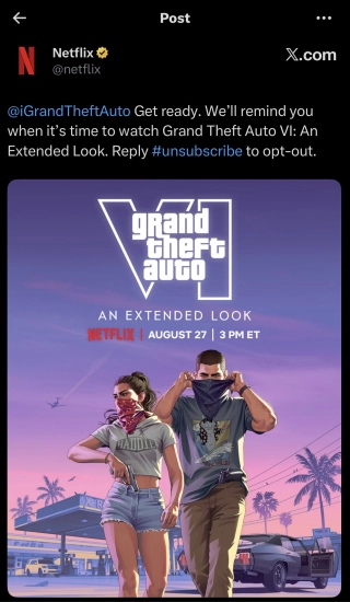 Netflix Begins Reminding X Users About GTAVI: An Extended Look
